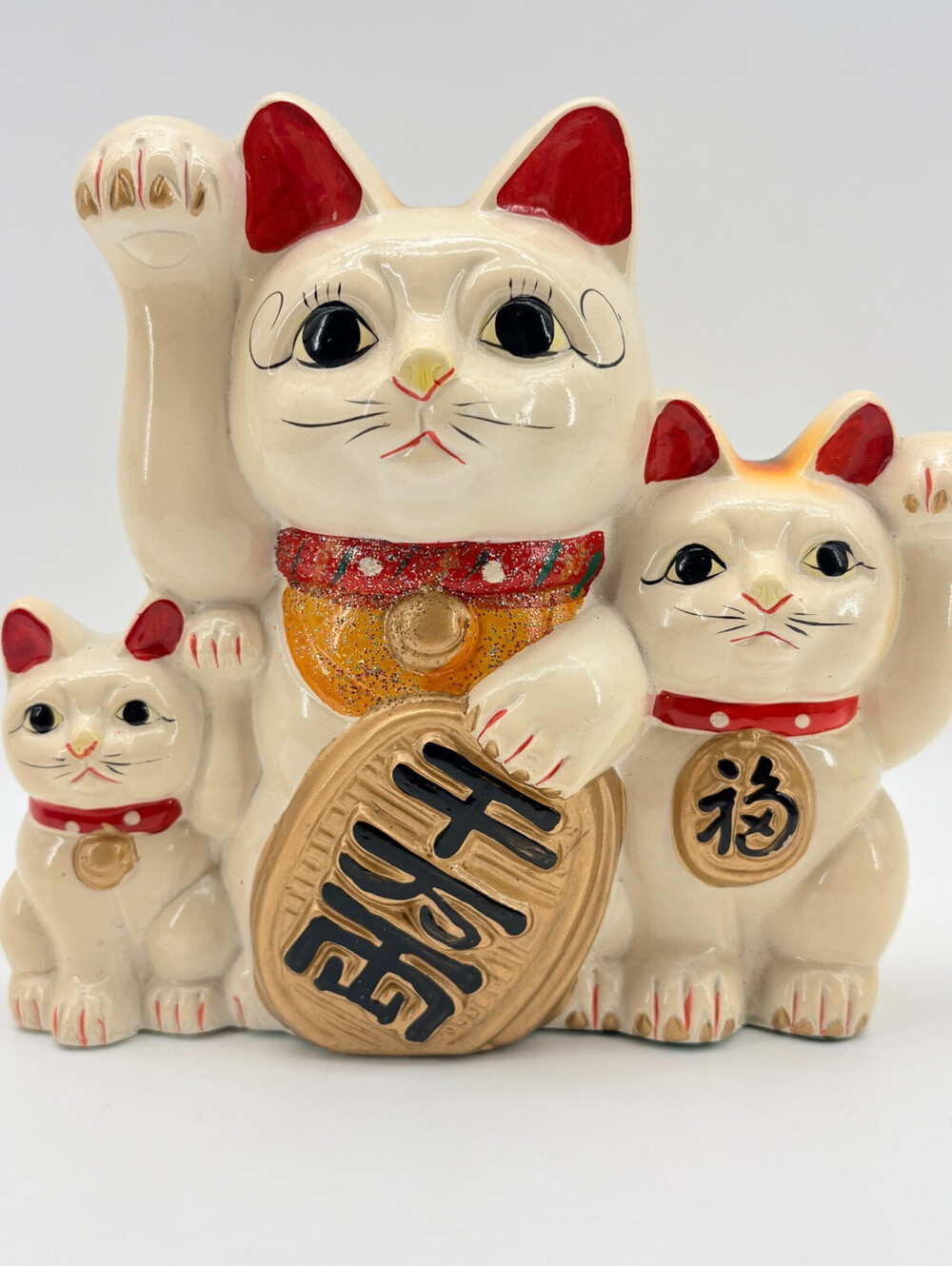 Vintage Japanese Maneki Neko Triple Family Good Fortune Cat Figurine Coin Bank